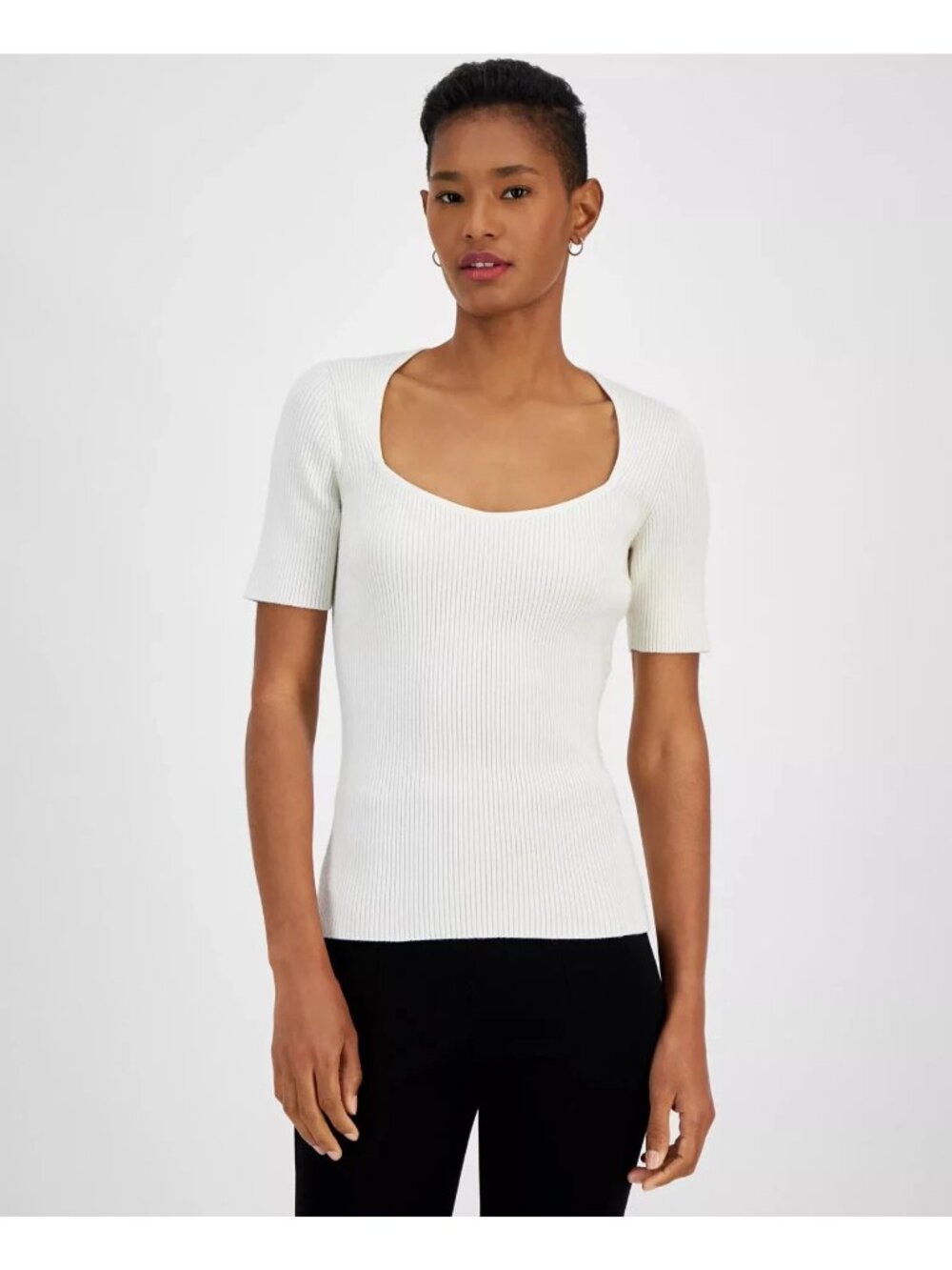 Hugo BOSS *Defect* Women's Short Sleeve White Rib Sweater Top Shirt Size XL $148